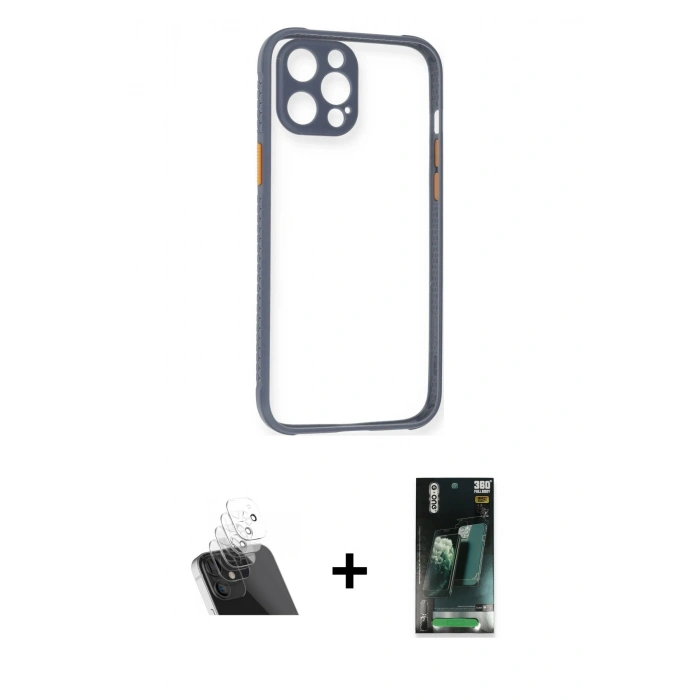 MARSİLYAN™- iPhone 12 Pro Kılıf Nova Asil Özel Seri - Siyah 360 Mat Full Body Arka Koruyucu + Kamera Lens Koruma Cam - SF