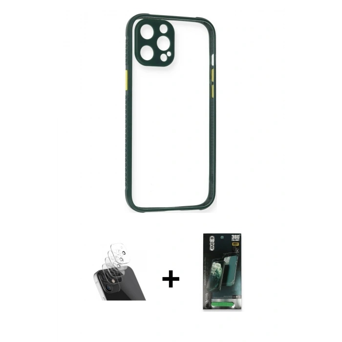 MARSİLYAN™- iPhone 12 Pro Kılıf Nova Asil Özel Seri - Siyah 360 Mat Full Body Arka Koruyucu + Kamera Lens Koruma Cam - SF