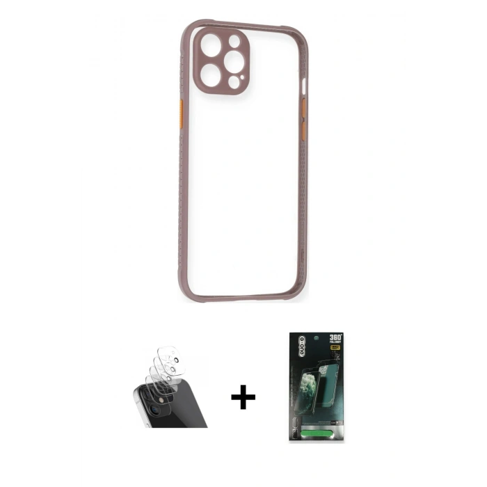MARSİLYAN™- iPhone 12 Pro Kılıf Nova Asil Özel Seri - Siyah 360 Mat Full Body Arka Koruyucu + Kamera Lens Koruma Cam - SF