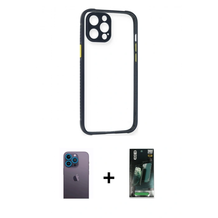 MARSİLYAN™- iPhone 12 Pro Kılıf Nova Asil Özel Seri - Siyah 360 Mat Full Body Arka Koruyucu + Neon Fosforlu Kamera Lens - MI