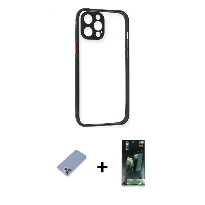MARSİLYAN™- iPhone 12 Pro Kılıf Nova Asil Özel Seri - Siyah 360 Mat Full Body Arka Koruyucu + Metal Kamera Lens Koruma Cam - KUYL