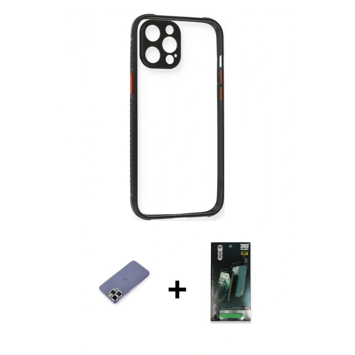 MARSİLYAN™- iPhone 12 Pro Kılıf Nova Asil Özel Seri - Siyah 360 Mat Full Body Arka Koruyucu + Metal Kamera Lens Koruma Cam - GD