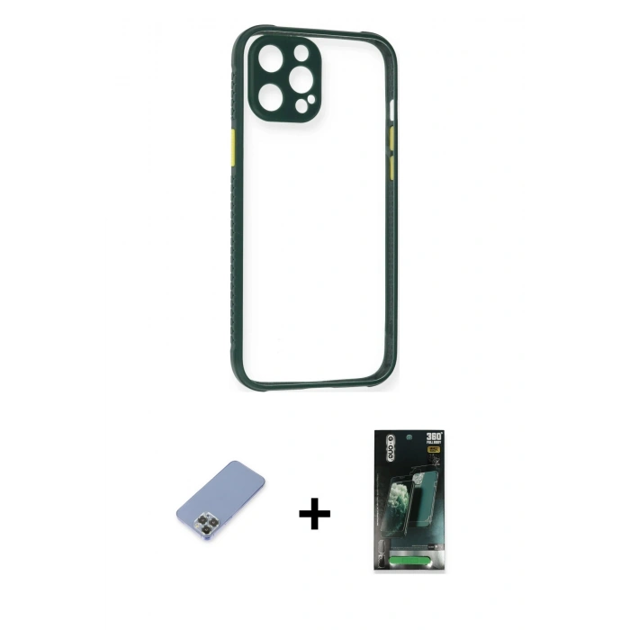 MARSİLYAN™- iPhone 12 Pro Kılıf Nova Asil Özel Seri - Siyah 360 Mat Full Body Arka Koruyucu + Metal Kamera Lens Koruma Cam - KUYL
