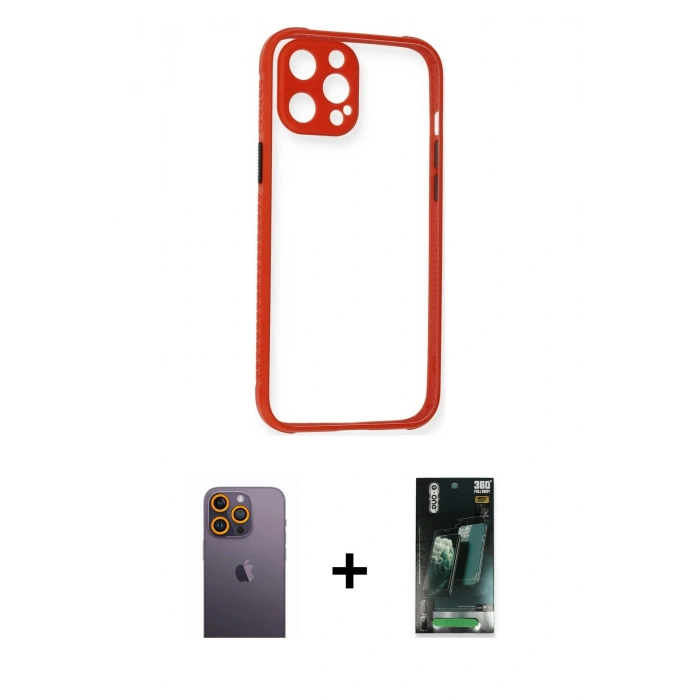MARSİLYAN™- iPhone 12 Pro Kılıf Nova Asil Özel Seri - Siyah 360 Mat Full Body Arka Koruyucu + Neon Fosforlu Kamera Lens - SI