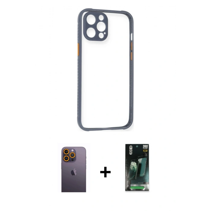 MARSİLYAN™- iPhone 12 Pro Kılıf Nova Asil Özel Seri - Siyah 360 Mat Full Body Arka Koruyucu + Neon Fosforlu Kamera Lens - SI
