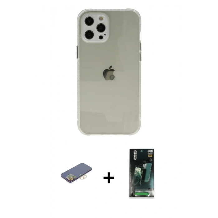 MARSİLYAN™- iPhone 12 Pro Kılıf Nova Asil Özel Seri - Siyah 360 Mat Full Body Arka Koruyucu + Renkli Kamera Lens Koruma Cam - SI