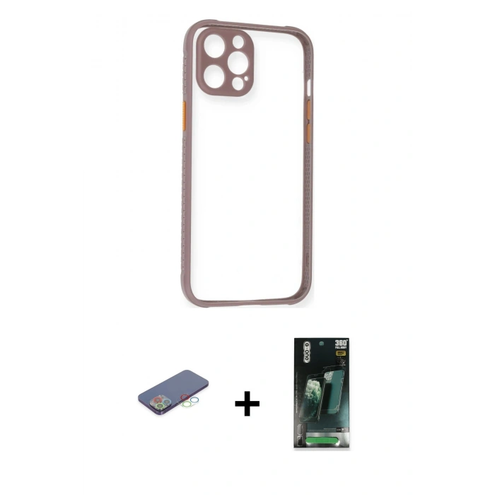 MARSİLYAN™- iPhone 12 Pro Kılıf Nova Asil Özel Seri - Siyah 360 Mat Full Body Arka Koruyucu + Renkli Kamera Lens Koruma Cam - MI
