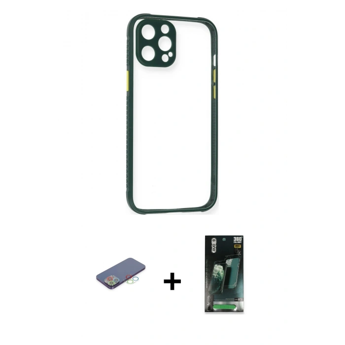 MARSİLYAN™- iPhone 12 Pro Kılıf Nova Asil Özel Seri - Siyah 360 Mat Full Body Arka Koruyucu + Renkli Kamera Lens Koruma Cam - MI