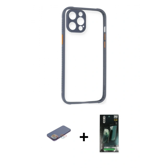 MARSİLYAN™- iPhone 12 Pro Kılıf Nova Asil Özel Seri - Siyah 360 Mat Full Body Arka Koruyucu + Renkli Kamera Lens Koruma Cam - PE