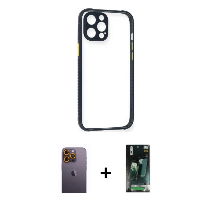 MARSİLYAN™- iPhone 12 Pro Kılıf Nova Asil Özel Seri - Siyah 360 Mat Full Body Arka Koruyucu + Sarı Neon Fosforlu Kamera Lens