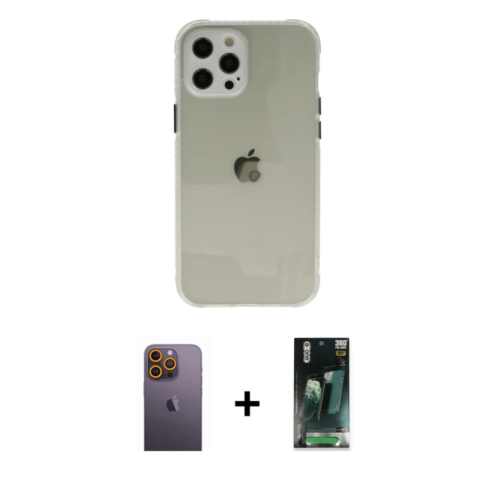 MARSİLYAN™- iPhone 12 Pro Kılıf Nova Asil Özel Seri - Siyah 360 Mat Full Body Arka Koruyucu + Sarı Neon Fosforlu Kamera Lens