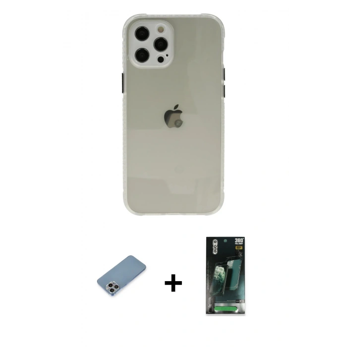 MARSİLYAN™- iPhone 12 Pro Kılıf Nova Asil Özel Seri - Siyah 360 Mat Full Body Arka Koruyucu + Shine Kamera Lens Koruma Cam - GI