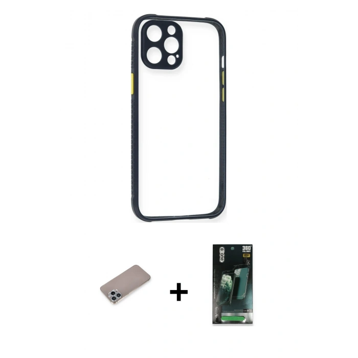 MARSİLYAN™- iPhone 12 Pro Kılıf Nova Asil Özel Seri - Siyah 360 Mat Full Body Arka Koruyucu + Shine Kamera Lens Koruma Cam - SABE