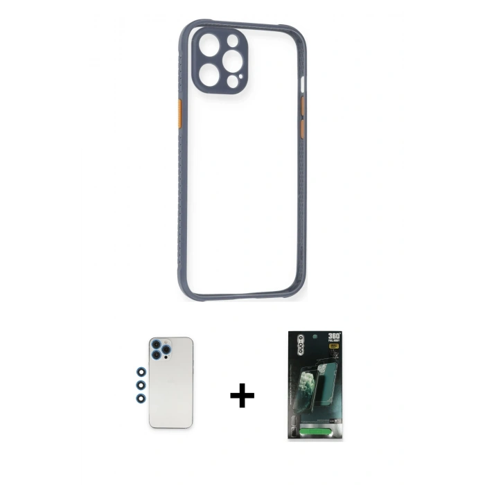 MARSİLYAN™- iPhone 12 Pro Kılıf Nova Asil Özel Seri - Siyah 360 Mat Full Body Arka Koruyucu + Shine Kamera Lens - MI