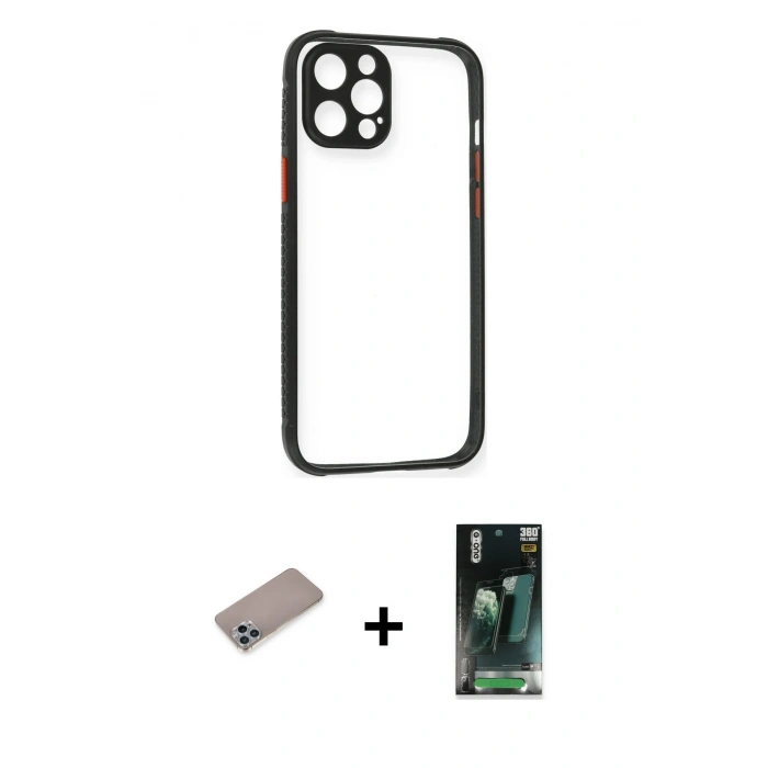 MARSİLYAN™- iPhone 12 Pro Kılıf Nova Asil Özel Seri - Siyah 360 Mat Full Body Arka Koruyucu + Shine Kamera Lens Koruma Cam - SABE