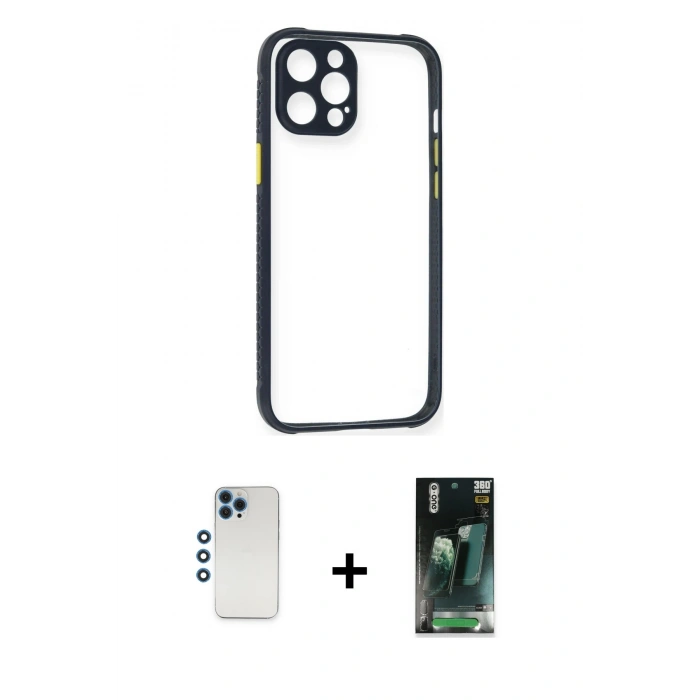MARSİLYAN™- iPhone 12 Pro Kılıf Nova Asil Özel Seri - Siyah 360 Mat Full Body Arka Koruyucu + Shine Kamera Lens - MI