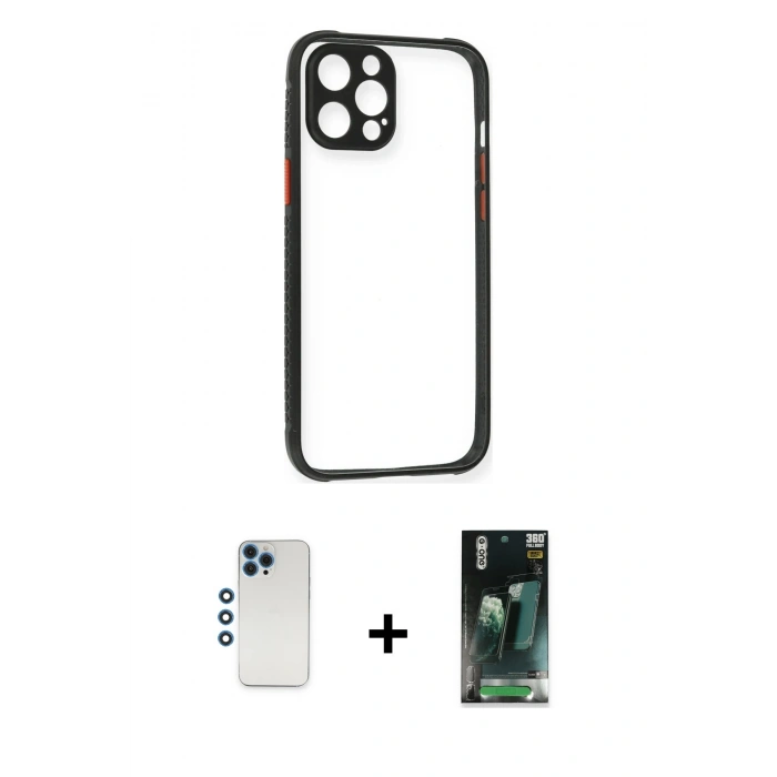 MARSİLYAN™- iPhone 12 Pro Kılıf Nova Asil Özel Seri - Siyah 360 Mat Full Body Arka Koruyucu + Shine Kamera Lens - MI