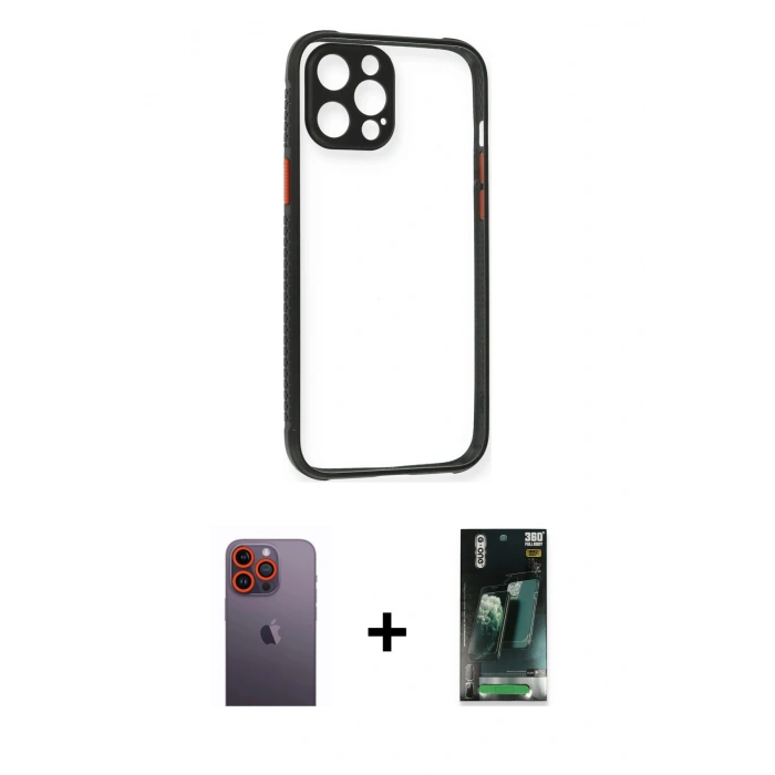 MARSİLYAN™- iPhone 12 Pro Kılıf Nova Asil Özel Seri - Siyah 360 Mat Full Body Arka Koruyucu + Turuncu Neon Fosforlu Kamera Lens