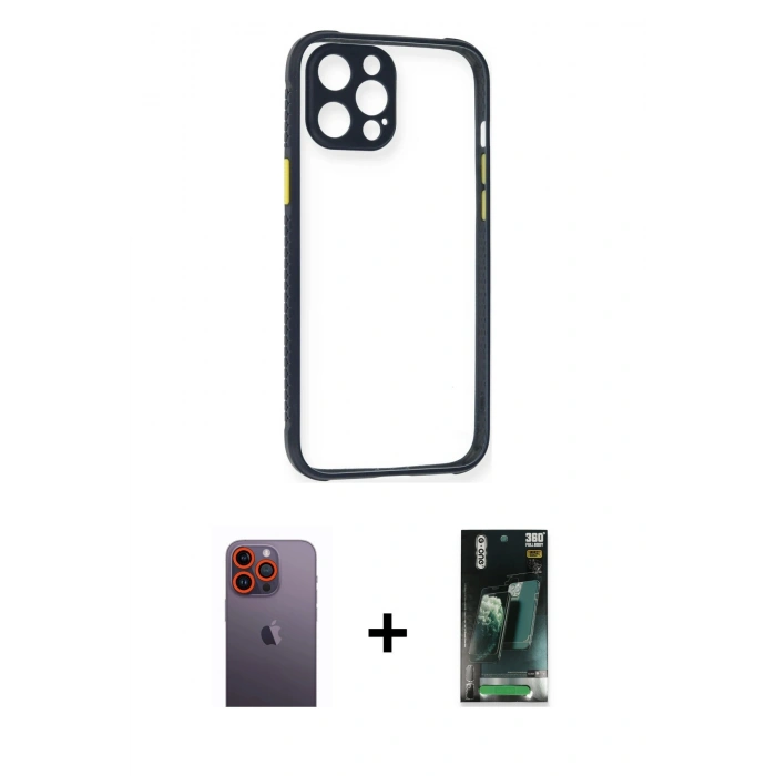 MARSİLYAN™- iPhone 12 Pro Kılıf Nova Asil Özel Seri - Siyah 360 Mat Full Body Arka Koruyucu + Turuncu Neon Fosforlu Kamera Lens
