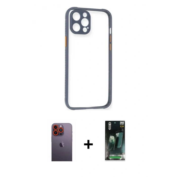 MARSİLYAN™- iPhone 12 Pro Kılıf Nova Asil Özel Seri - Siyah 360 Mat Full Body Arka Koruyucu + Turuncu Neon Fosforlu Kamera Lens