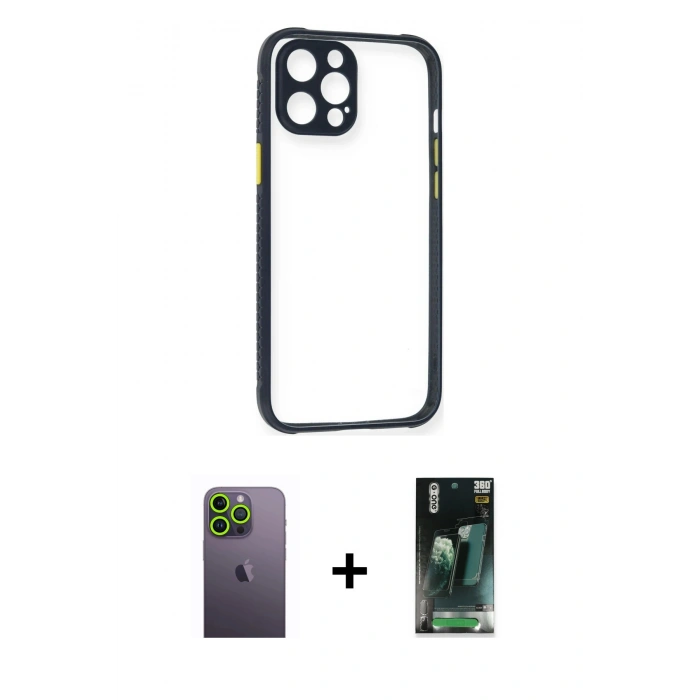 MARSİLYAN™- iPhone 12 Pro Kılıf Nova Asil Özel Seri - Siyah 360 Mat Full Body Arka Koruyucu + Neon Fosforlu Kamera Lens - YL