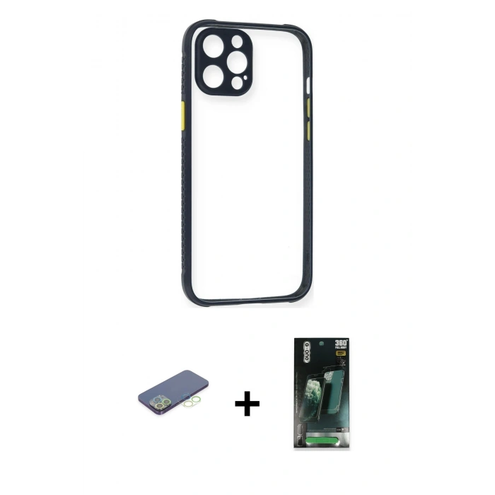 MARSİLYAN™- iPhone 12 Pro Kılıf Nova Asil Özel Seri - Siyah 360 Mat Full Body Arka Koruyucu + Yeşil Renkli Kamera Lens Koruma Cam