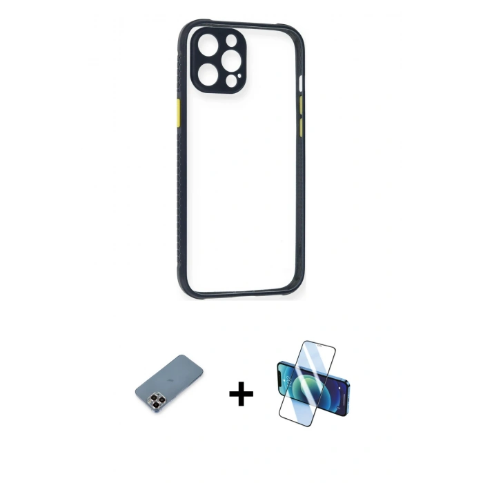 MARSİLYAN™- iPhone 12 Pro Kılıf Nova Asil Özel Seri - Siyah 3D Antistatik Cam Ekran Koruyucu + Metal Kamera Lens Koruma Cam - MR