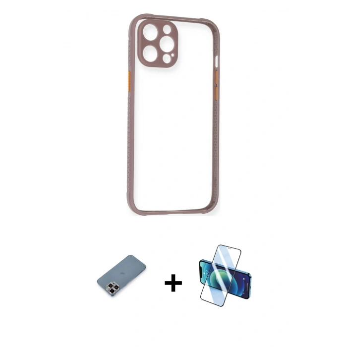 MARSİLYAN™- iPhone 12 Pro Kılıf Nova Asil Özel Seri - Siyah 3D Antistatik Cam Ekran Koruyucu + Metal Kamera Lens Koruma Cam - MR
