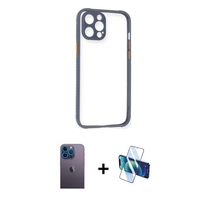 MARSİLYAN™- iPhone 12 Pro Kılıf Nova Asil Özel Seri - Siyah 3D Antistatik Cam Ekran Koruyucu + Neon Fosforlu Kamera Lens - MI