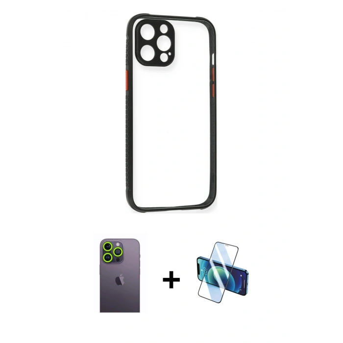 MARSİLYAN™- iPhone 12 Pro Kılıf Nova Asil Özel Seri - Siyah 3D Antistatik Cam Ekran Koruyucu + Neon Fosforlu Kamera Lens - YL