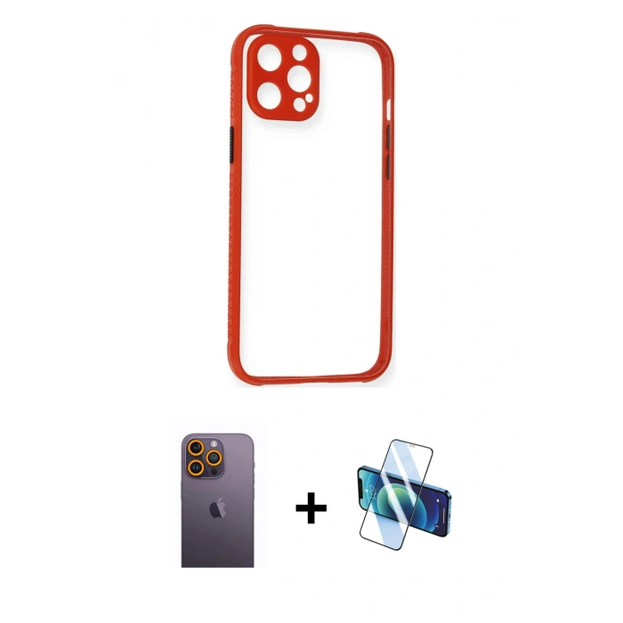 MARSİLYAN™- iPhone 12 Pro Kılıf Nova Asil Özel Seri - Siyah 3D Antistatik Cam Ekran Koruyucu + Neon Fosforlu Kamera Lens - SI