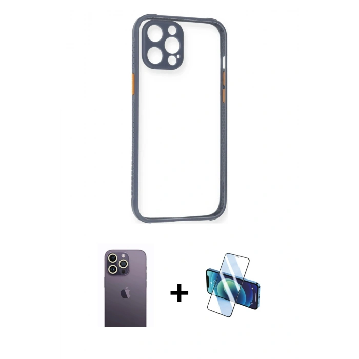 MARSİLYAN™- iPhone 12 Pro Kılıf Nova Asil Özel Seri - Siyah 3D Antistatik Cam Ekran Koruyucu + Neon Fosforlu Kamera Lens - BZ