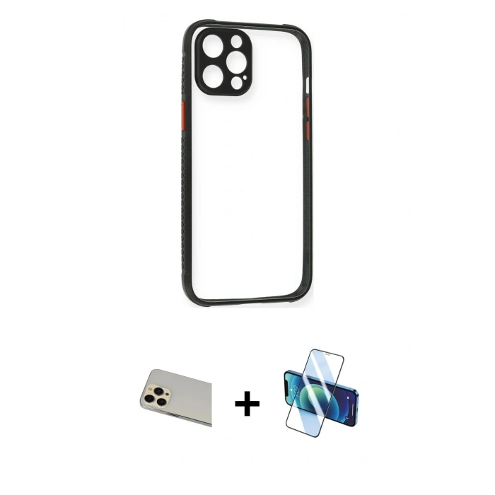 MARSİLYAN™- iPhone 12 Pro Kılıf Nova Asil Özel Seri - Siyah 3D Antistatik Cam Ekran Koruyucu + Rainbow Kamera Lens Koruma Cam - GD