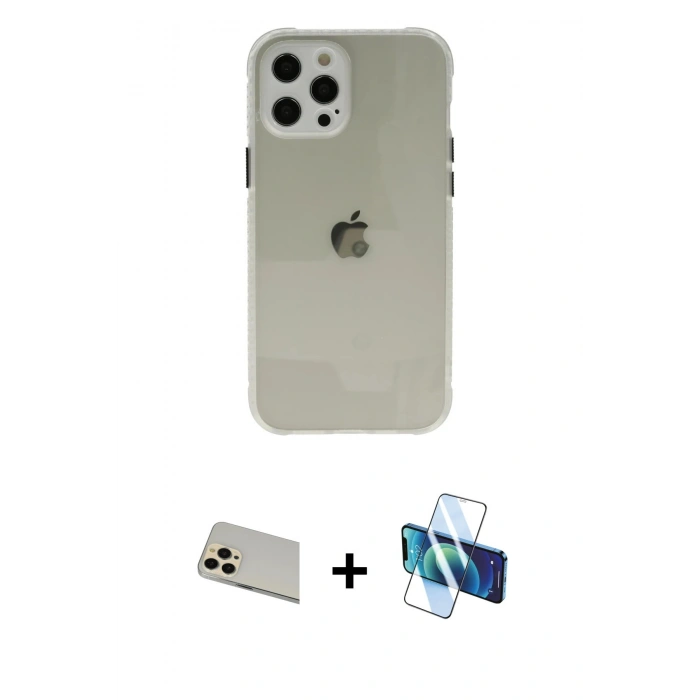 MARSİLYAN™- iPhone 12 Pro Kılıf Nova Asil Özel Seri - Siyah 3D Antistatik Cam Ekran Koruyucu + Rainbow Kamera Lens Koruma Cam - GD