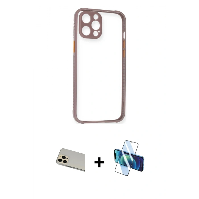 MARSİLYAN™- iPhone 12 Pro Kılıf Nova Asil Özel Seri - Siyah 3D Antistatik Cam Ekran Koruyucu + Rainbow Kamera Lens Koruma Cam - GD