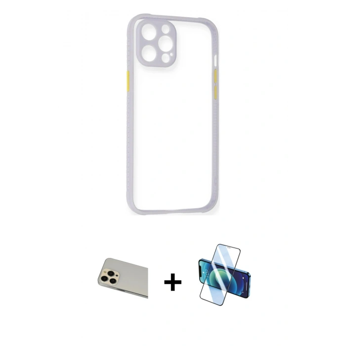 MARSİLYAN™- iPhone 12 Pro Kılıf Nova Asil Özel Seri - Siyah 3D Antistatik Cam Ekran Koruyucu + Rainbow Kamera Lens Koruma Cam - GD