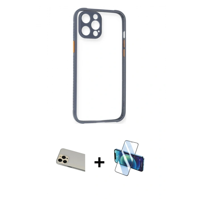 MARSİLYAN™- iPhone 12 Pro Kılıf Nova Asil Özel Seri - Siyah 3D Antistatik Cam Ekran Koruyucu + Rainbow Kamera Lens Koruma Cam - GD