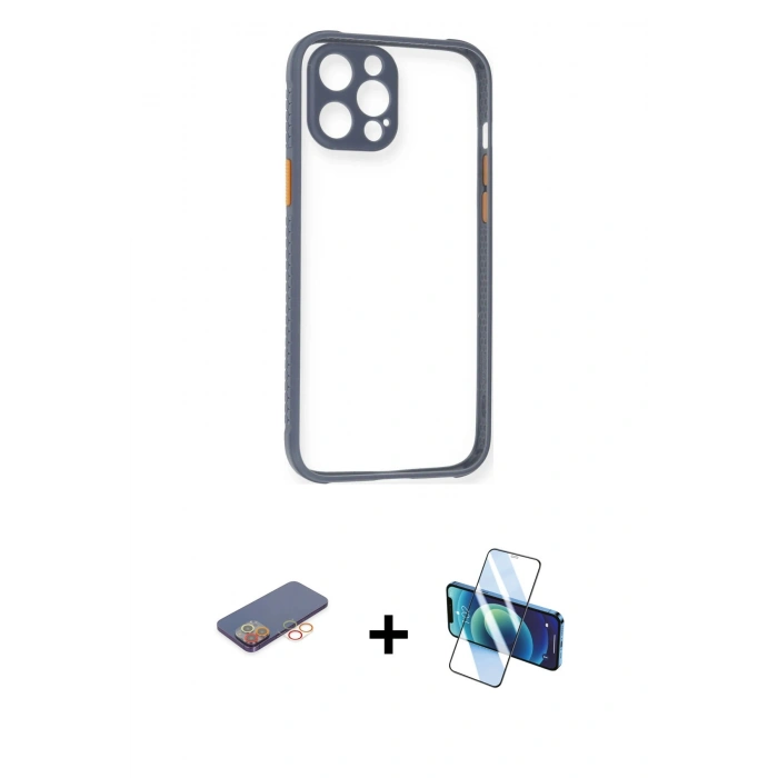 MARSİLYAN™- iPhone 12 Pro Kılıf Nova Asil Özel Seri - Siyah 3D Antistatik Cam Ekran Koruyucu + Renkli Kamera Lens Koruma Cam - TU