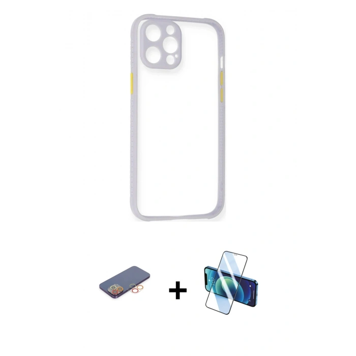 MARSİLYAN™- iPhone 12 Pro Kılıf Nova Asil Özel Seri - Siyah 3D Antistatik Cam Ekran Koruyucu + Renkli Kamera Lens Koruma Cam - TU