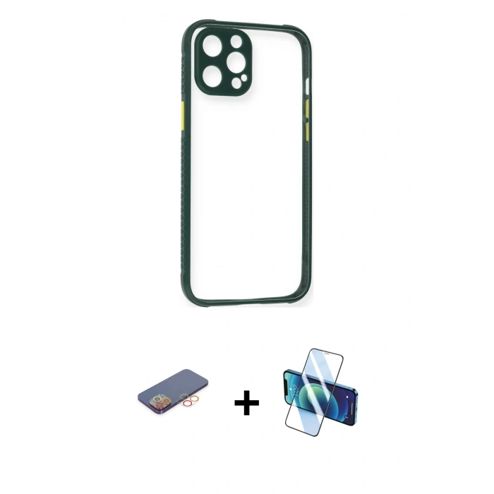 MARSİLYAN™- iPhone 12 Pro Kılıf Nova Asil Özel Seri - Siyah 3D Antistatik Cam Ekran Koruyucu + Renkli Kamera Lens Koruma Cam - TU