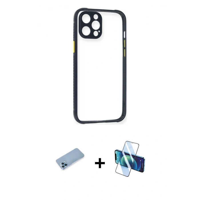 MARSİLYAN™- iPhone 12 Pro Kılıf Nova Asil Özel Seri - Siyah 3D Antistatik Cam Ekran Koruyucu + Shine Kamera Lens Koruma Cam - MI