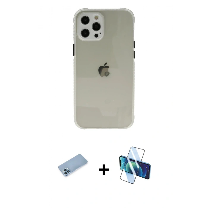 MARSİLYAN™- iPhone 12 Pro Kılıf Nova Asil Özel Seri - Siyah 3D Antistatik Cam Ekran Koruyucu + Shine Kamera Lens Koruma Cam - MI