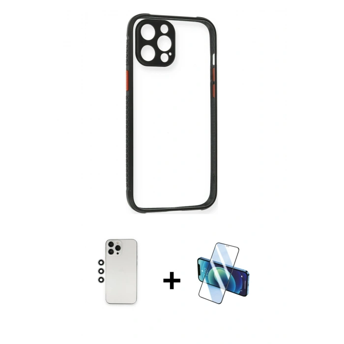 MARSİLYAN™- iPhone 12 Pro Kılıf Nova Asil Özel Seri - Siyah 3D Antistatik Cam Ekran Koruyucu + Shine Kamera Lens - GS