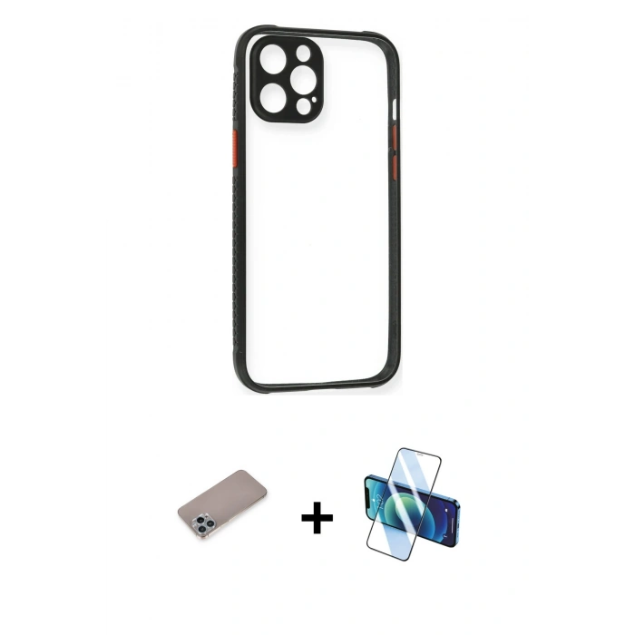 MARSİLYAN™- iPhone 12 Pro Kılıf Nova Asil Özel Seri - Siyah 3D Antistatik Cam Ekran Koruyucu + Shine Kamera Lens Koruma Cam - SABE