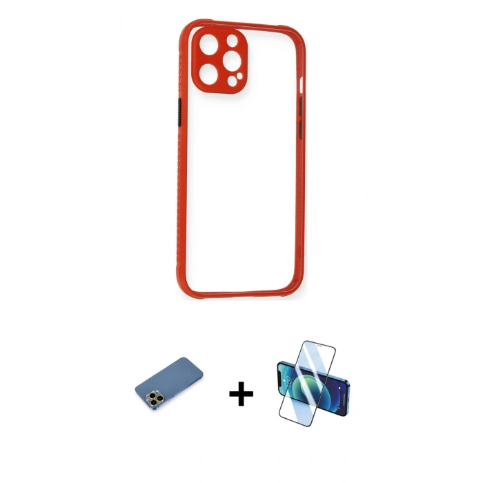 MARSİLYAN™- iPhone 12 Pro Kılıf Nova Asil Özel Seri - Siyah 3D Antistatik Cam Ekran Koruyucu + Shine Kamera Lens Koruma Cam - GD