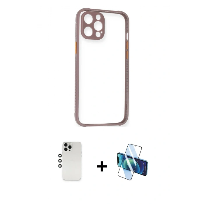 MARSİLYAN™- iPhone 12 Pro Kılıf Nova Asil Özel Seri - Siyah 3D Antistatik Cam Ekran Koruyucu + Shine Kamera Lens - GS