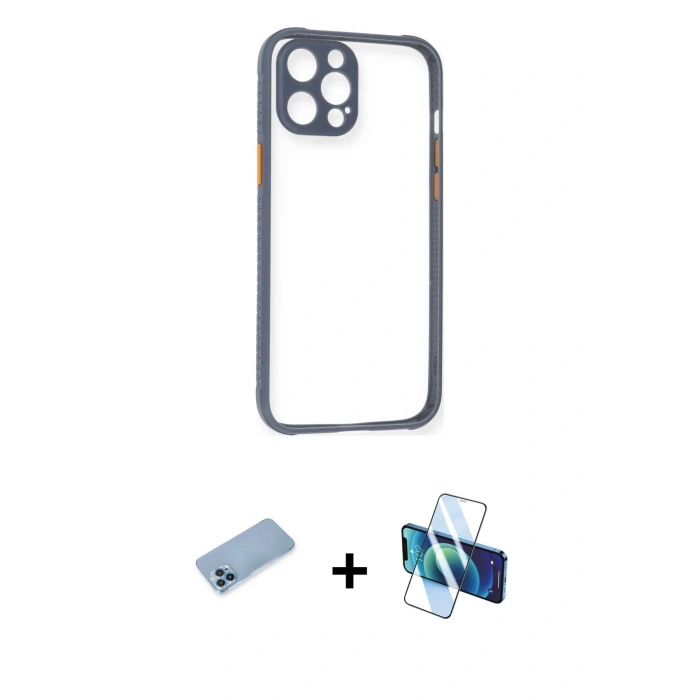 MARSİLYAN™- iPhone 12 Pro Kılıf Nova Asil Özel Seri - Siyah 3D Antistatik Cam Ekran Koruyucu + Shine Kamera Lens Koruma Cam - MI