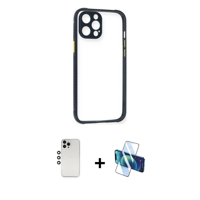 MARSİLYAN™- iPhone 12 Pro Kılıf Nova Asil Özel Seri - Siyah 3D Antistatik Cam Ekran Koruyucu + Shine Kamera Lens - GS