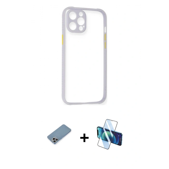 MARSİLYAN™- iPhone 12 Pro Kılıf Nova Asil Özel Seri - Siyah 3D Antistatik Cam Ekran Koruyucu + Shine Kamera Lens Koruma Cam - GI