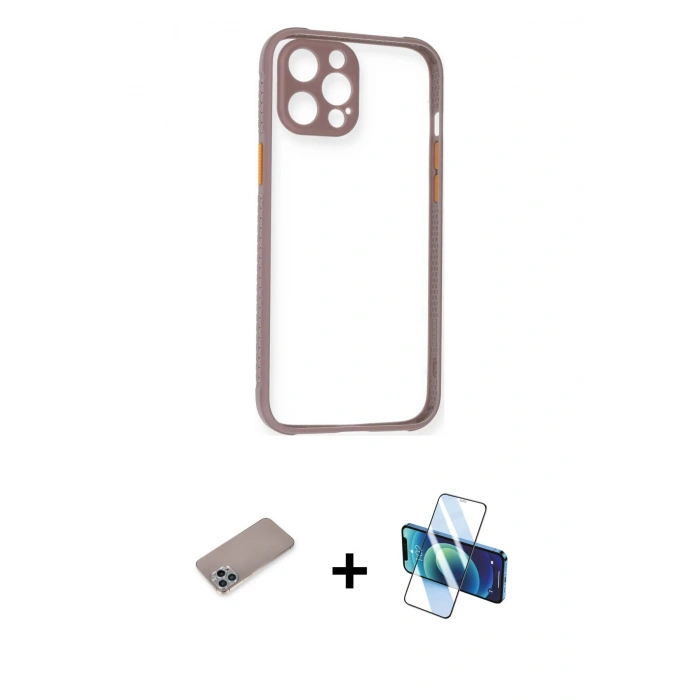 MARSİLYAN™- iPhone 12 Pro Kılıf Nova Asil Özel Seri - Siyah 3D Antistatik Cam Ekran Koruyucu + Shine Kamera Lens Koruma Cam - SABE